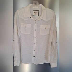 Arizona Jean Company White Eyelet Button Up Blouse Top Pearl Snap Cowgirl XL